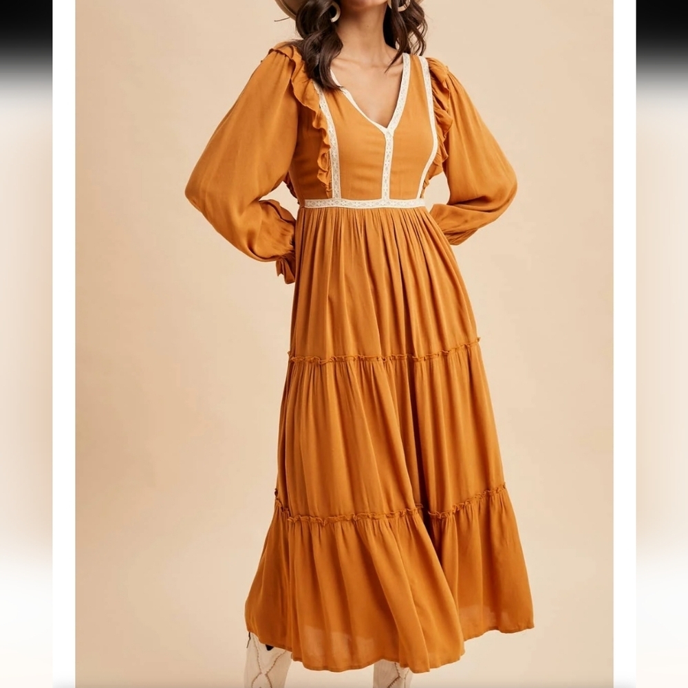 In Loom Tiered Lace Inset Ruffle Dress Size  Large Midi BoHo Modest